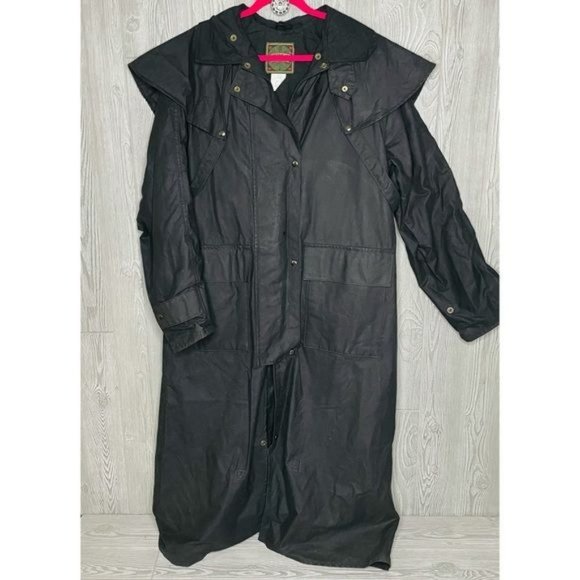 Australian outback extra long black Stockman Duster oilskin slicker ranch trench - Picture 7 of 9